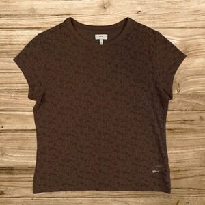 Aerie Womens Brown Floral Lace Mesh Short Sleeve Crew Neck Top Size M